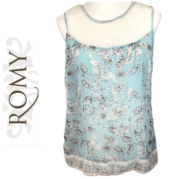 Romy Tops - 🎀 Romy Blue Bird Print Sheer Lacy Top- Size M